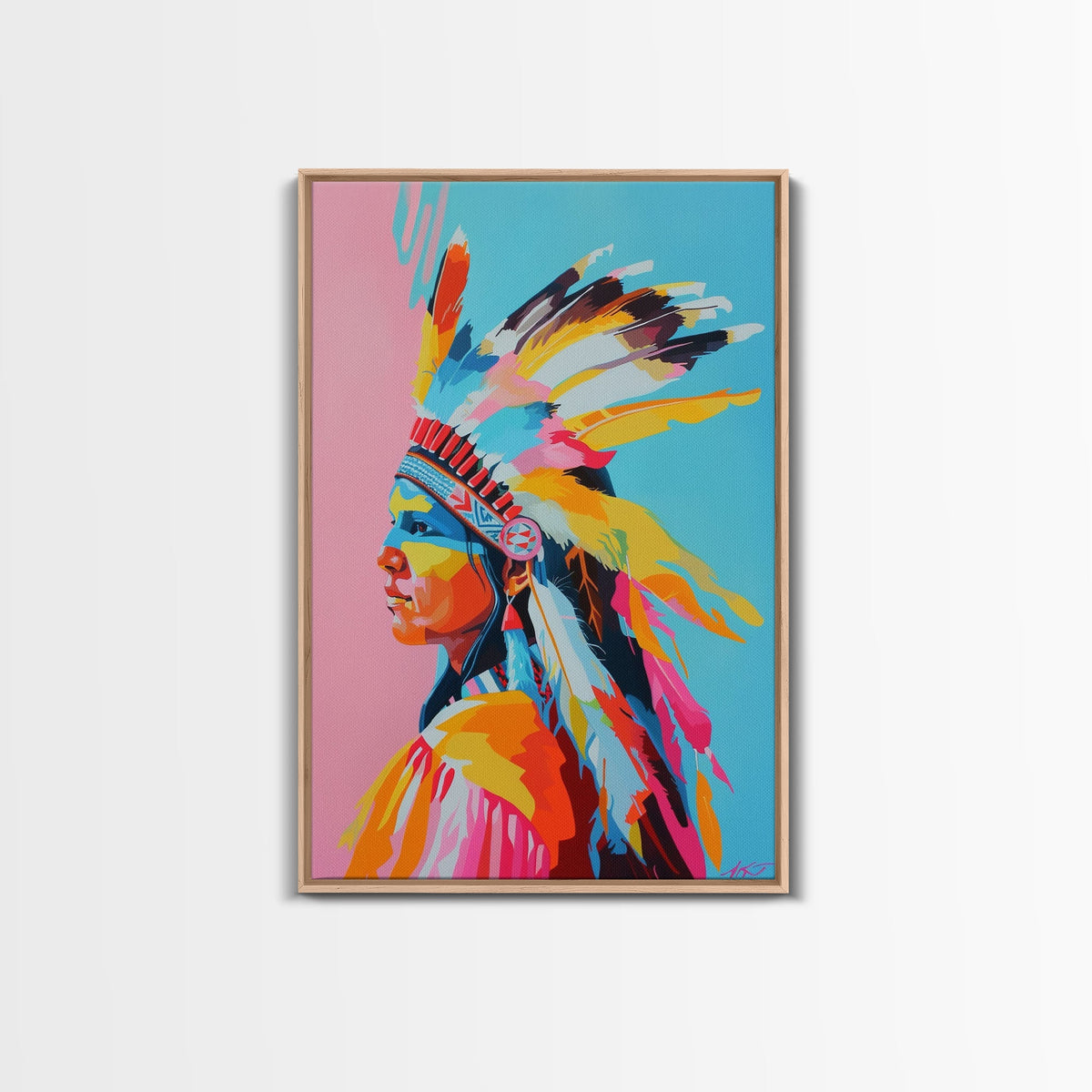 Colorful Native American Woman Framed Canvas Print - Stunning Wall Art, Bedroom Decor, Vibrant Tribal Artwork for Living Room