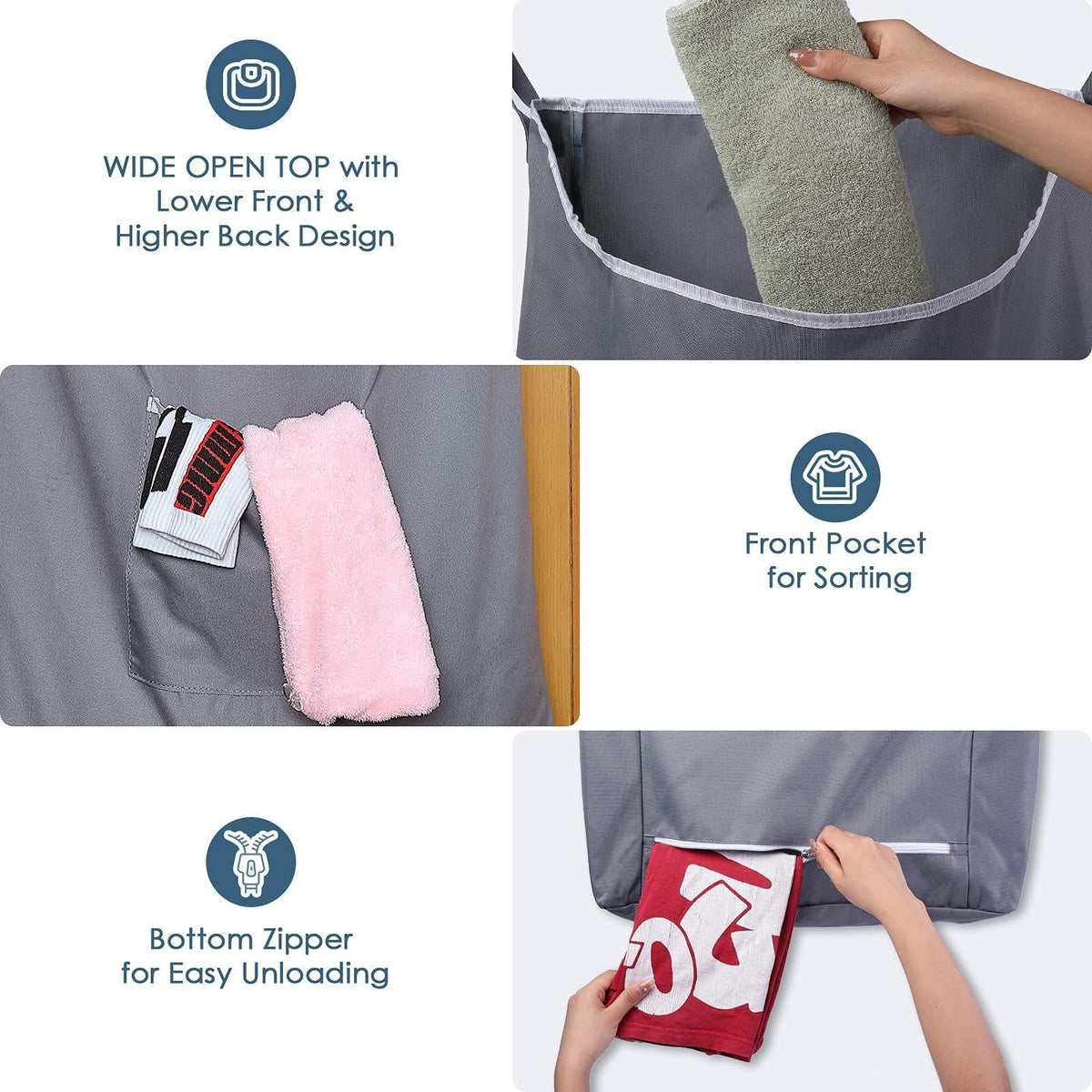 The Fine Living Co. X Large Hanging Laundry Hamper with Over Door Hooks & Adhesive Durable Space Saving Laundry Bag with Zipper and Wide Open TopHanging Dorm Laundry Hamper 20 x3.75 x31  (Grey XL)