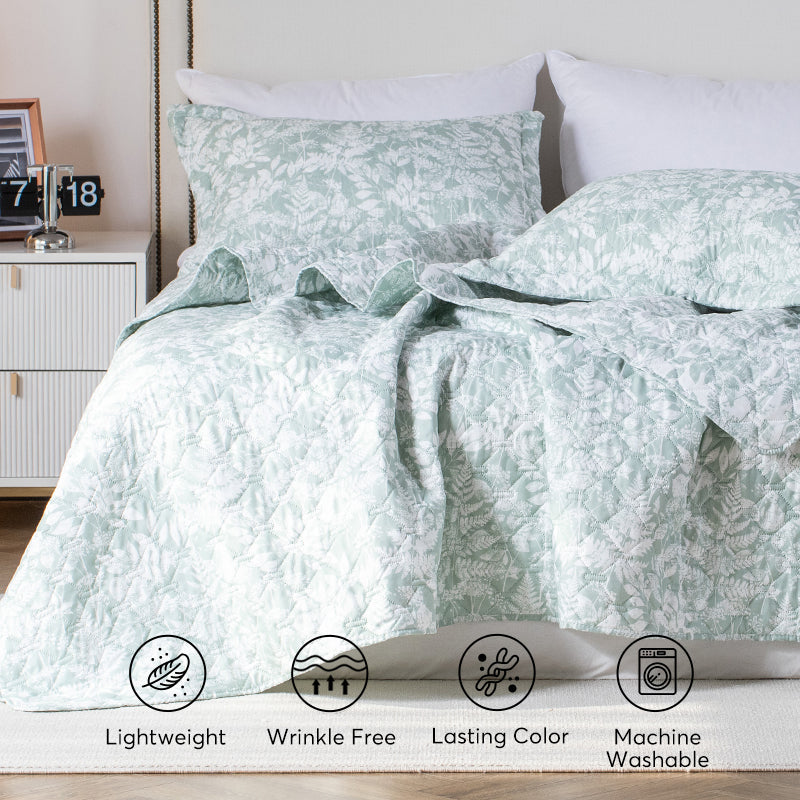 Kasentex Lightweight Floral Quilt Set Twin/Queen/King - Soft All Season Bedspread Coverlet, Green & White Botanical