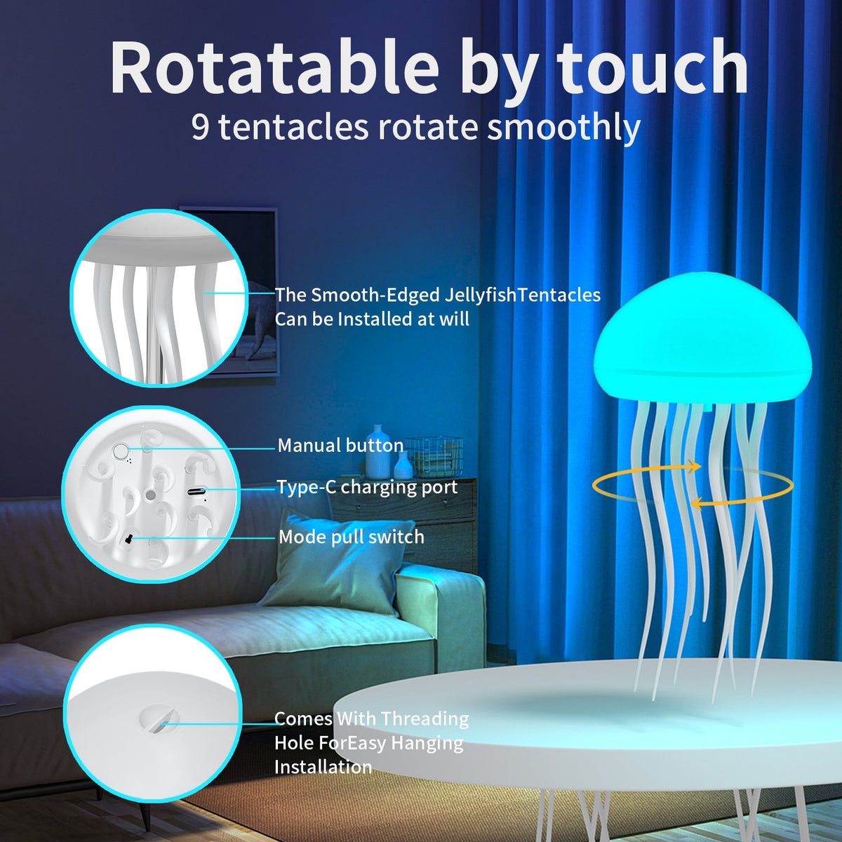 LED Jellyfish Lamp RGB Gradient Jelly Fish Light with Dancing Legs and Touch Sensor Rechargeable Cute Desk Lamp for Bedrooms, Living Room (Hanging + Base)