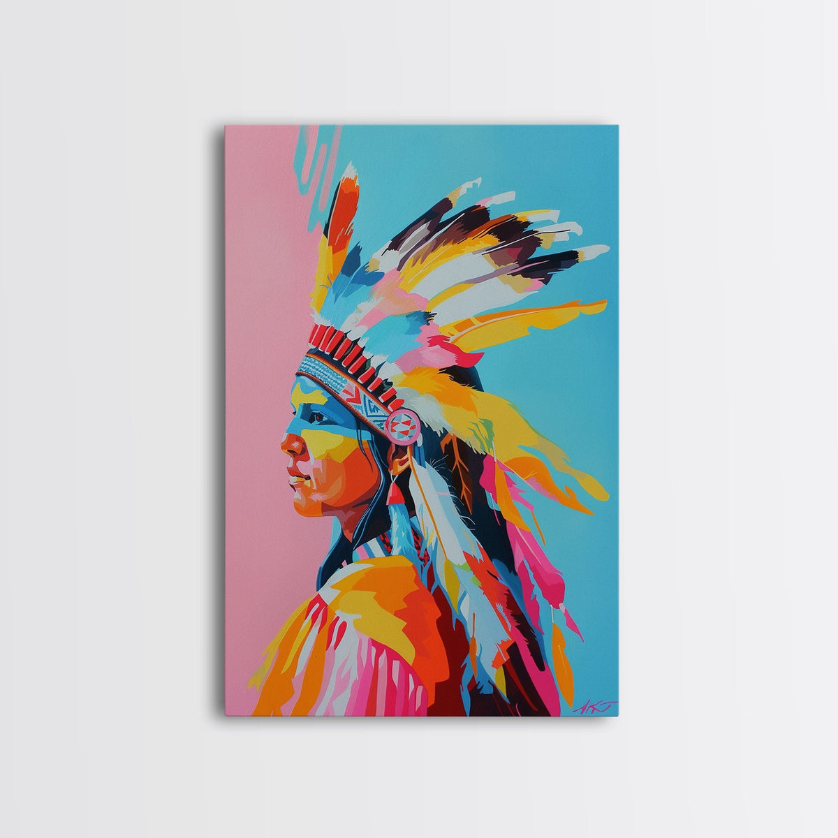Colorful Native American Woman Framed Canvas Print - Stunning Wall Art, Bedroom Decor, Vibrant Tribal Artwork for Living Room
