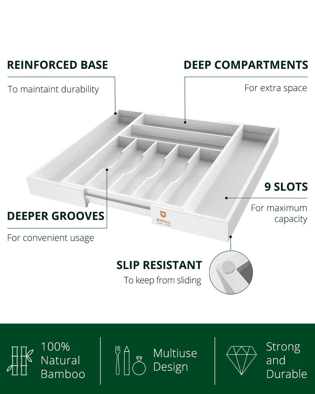 Silverware Drawer Organizer, White (9 Slots)