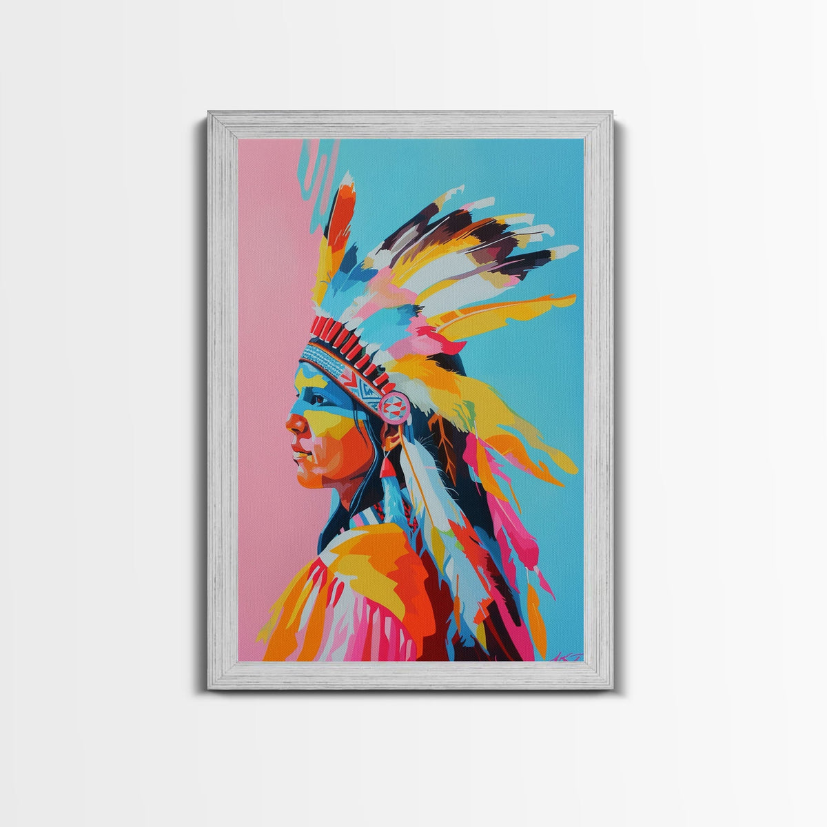 Colorful Native American Woman Framed Canvas Print - Stunning Wall Art, Bedroom Decor, Vibrant Tribal Artwork for Living Room