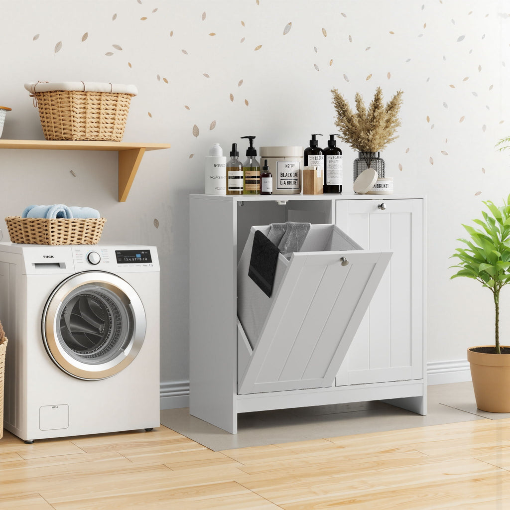 Tilted Laundry Hamper With Removable Basket, Hidden Storage Cabinet, Home Organizer For Bathroom - White