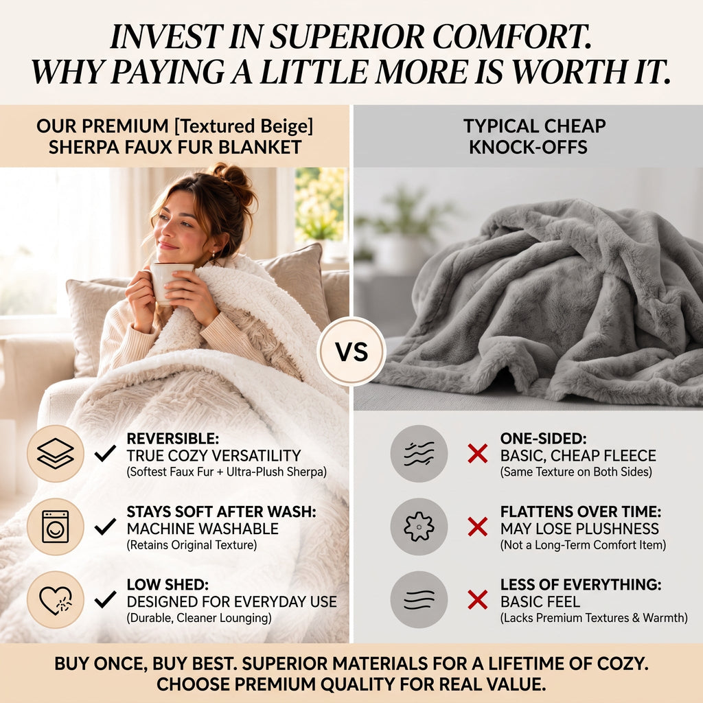 DaDalogy Bedding Champagne Ivory Faux Fur Throw Blanket - Dreamy Gold Geometric Embossed Sherpa Backside - Super Soft Warm Cozy Plush Fluffy