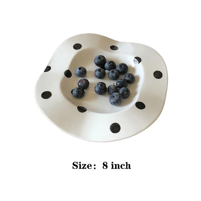 Nordic Ceramic Plate Dot Stripe Irregular Wave Shape Ceramic Dessert Plate Pasta Plate Dinner Plates Ceramic Dish Plates