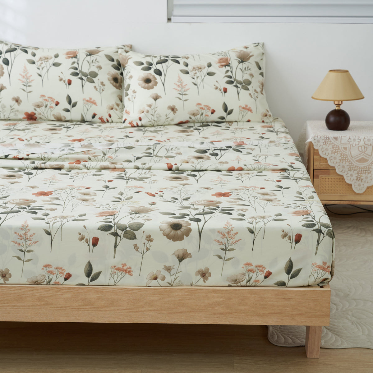 DaDalogy Enchanted Meadow Bed in a bag Set - Victoria Garden Delicate Floral Symphony in Beige, Rose, and Soft Green, Luxuriously Soft Quilted Set