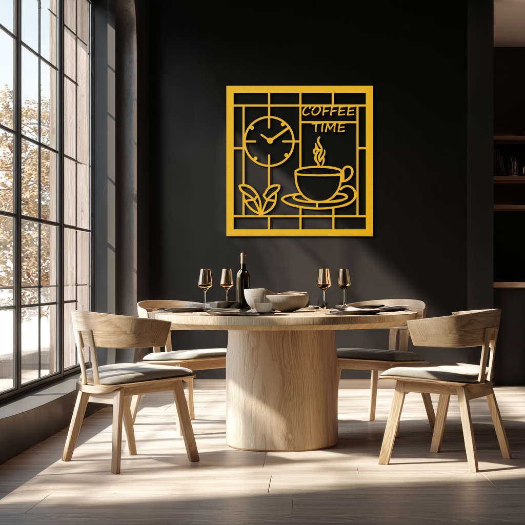 Coffee Time Metal Wall Art – Coffee Cup and Clock Design for Kitchen and Cafe Decor- KAF360