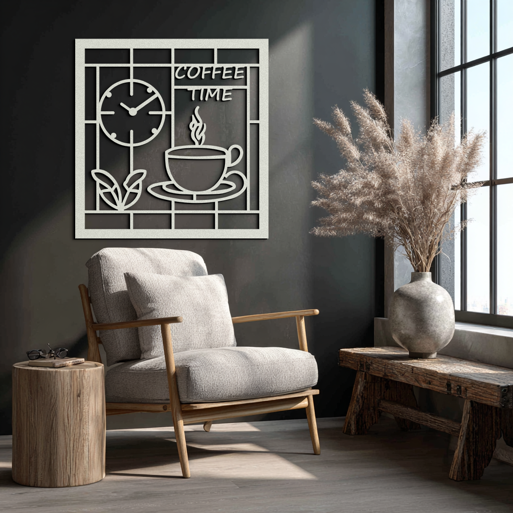 Coffee Time Metal Wall Art – Coffee Cup and Clock Design for Kitchen and Cafe Decor- KAF360
