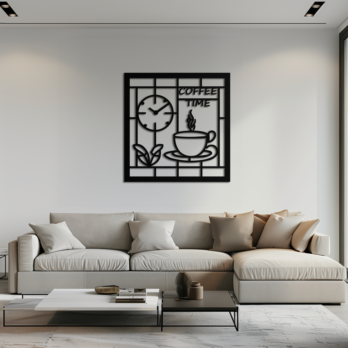 Coffee Time Metal Wall Art – Coffee Cup and Clock Design for Kitchen and Cafe Decor- KAF360