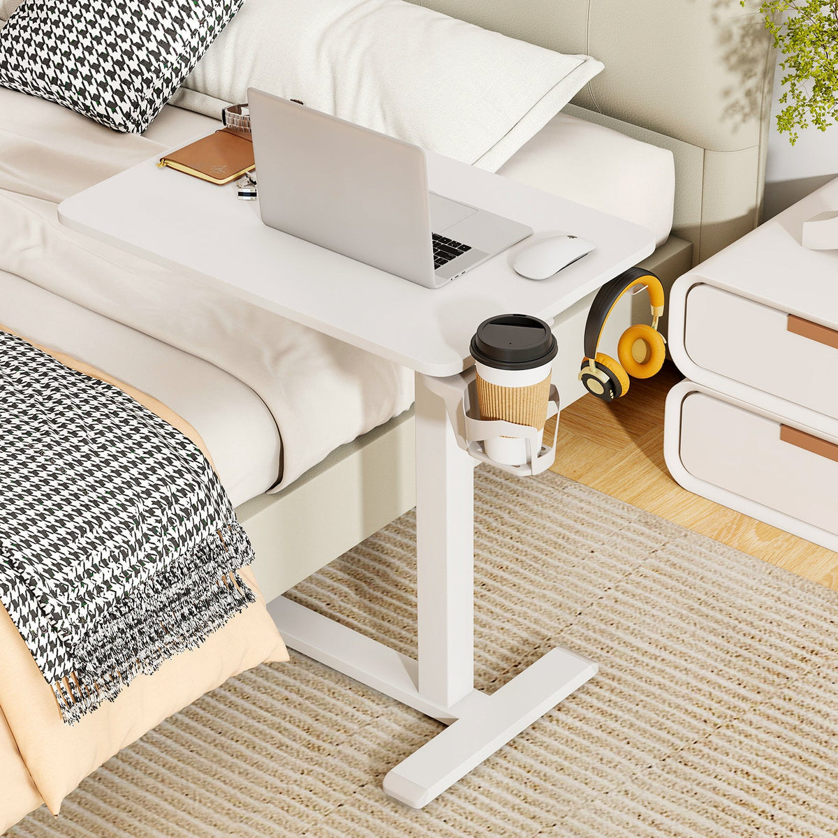 Mobile Standing Desk Height Adjustable Overbed Bedside Table with Cup Holder