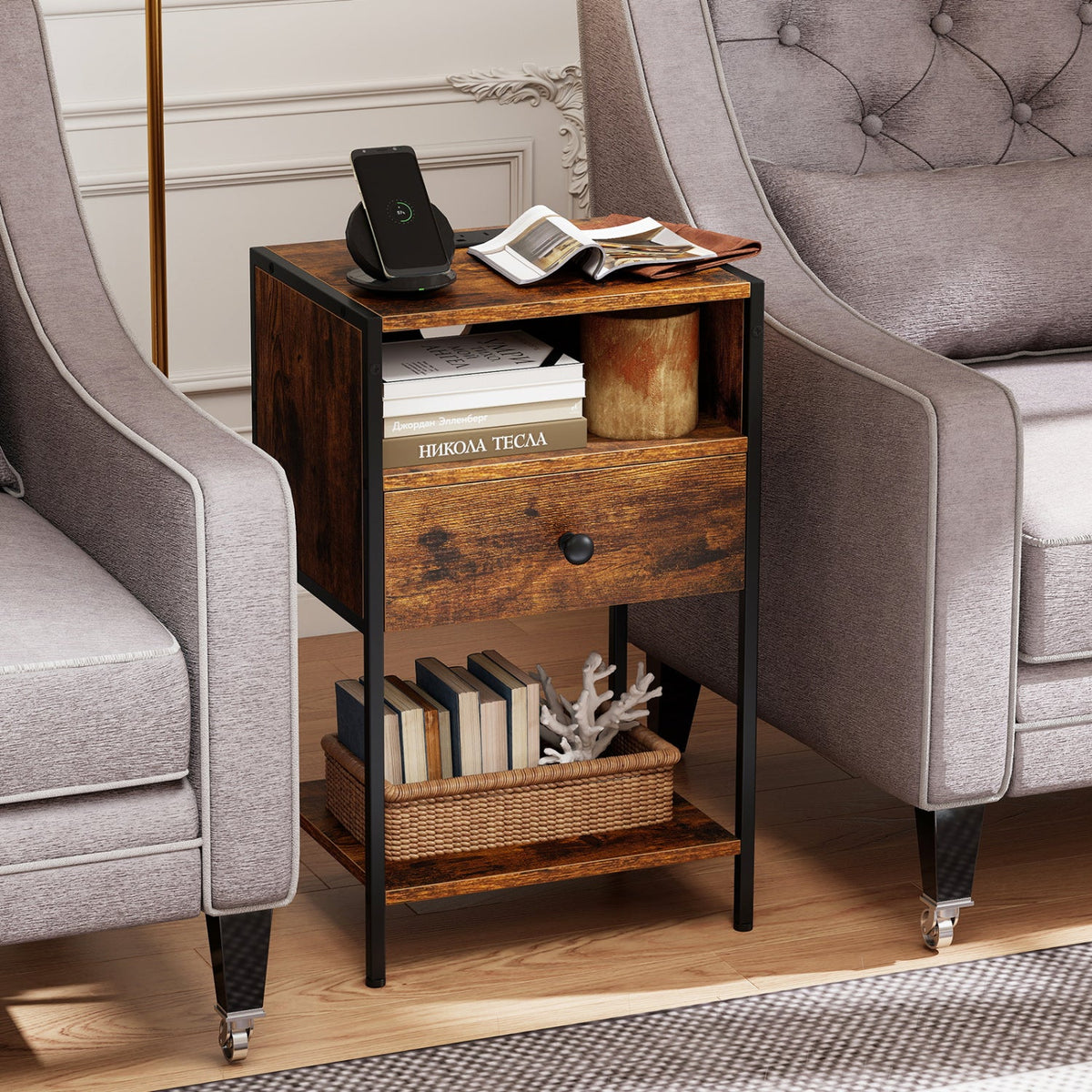 Nightstand with Charging Station Bedside Table with USB Ports and Outlets