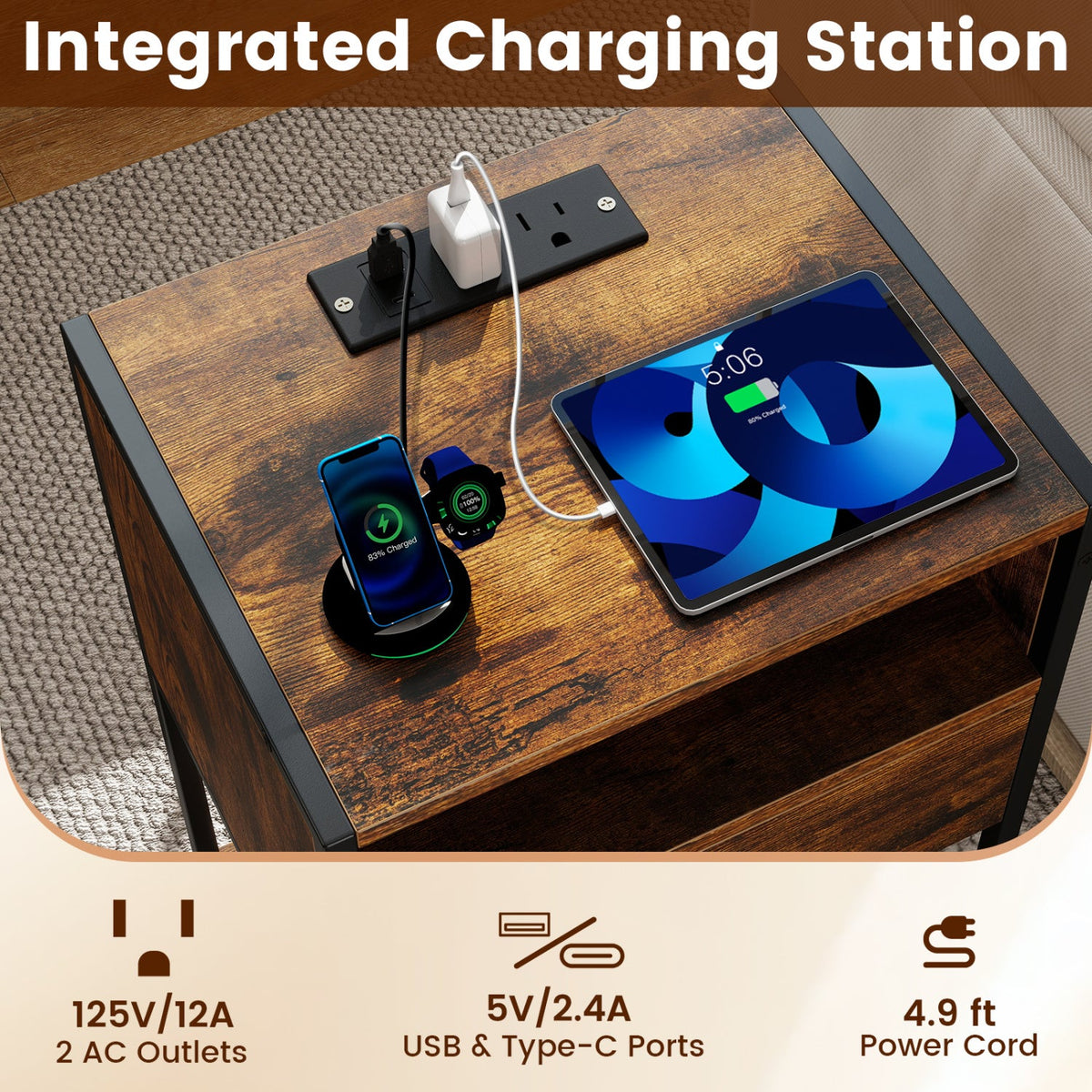 Nightstand with Charging Station Bedside Table with USB Ports and Outlets