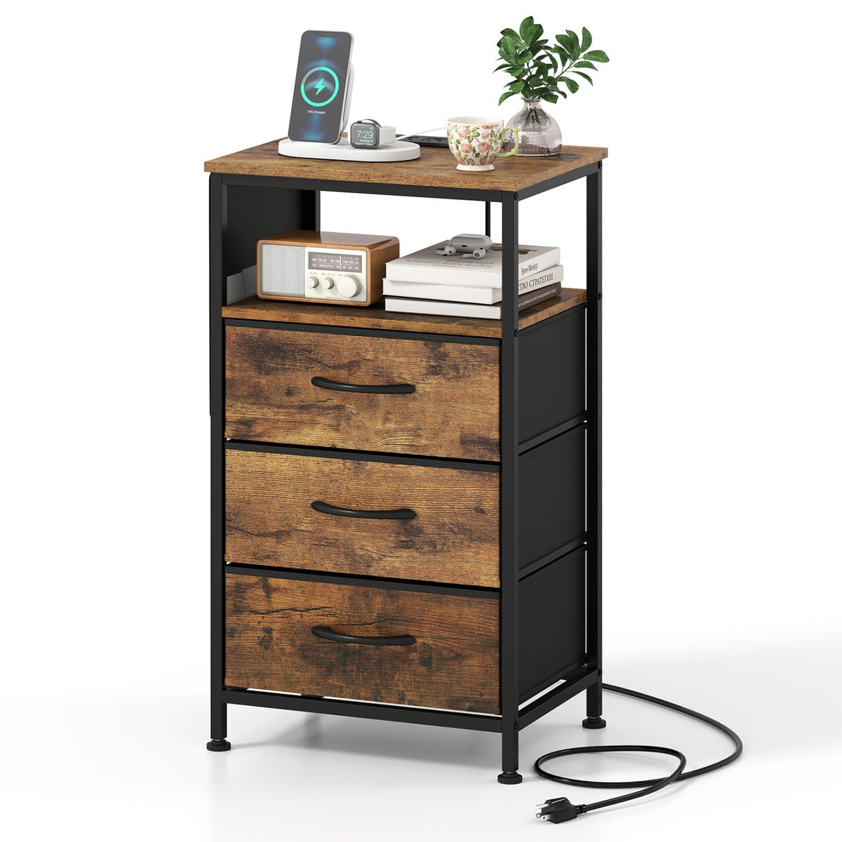 Nightstand with Charging Station 27.5 inch Modern Bedside Table with 3 Fabric Drawers