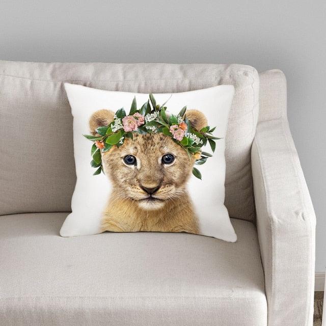 Cute Baby Animals Pattern Pillow Case Cotton Linen Cushion Cover for Home Sofa Pillow Covers, Cushion Covers Tiger Bunny Rabbit Horse Sheep Bear With Head Flowers Decorative Velvet Pillow Covers 45X45CM