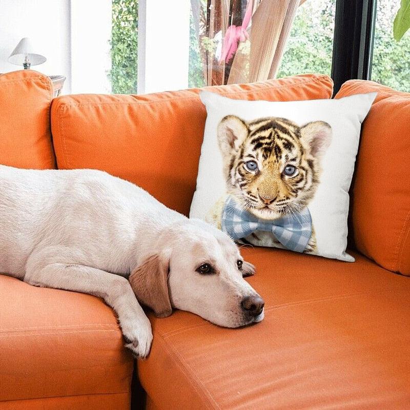 Cute Baby Animals Pattern Pillow Case Cotton Linen Cushion Cover for Home Sofa Pillow Covers, Cushion Covers Tiger Bunny Rabbit Horse Sheep Bear With Head Flowers Decorative Velvet Pillow Covers 45X45CM