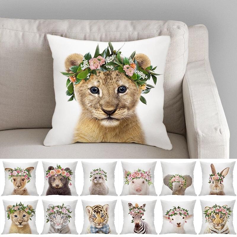 Cute Baby Animals Pattern Pillow Case Cotton Linen Cushion Cover for Home Sofa Pillow Covers, Cushion Covers Tiger Bunny Rabbit Horse Sheep Bear With Head Flowers Decorative Velvet Pillow Covers 45X45CM