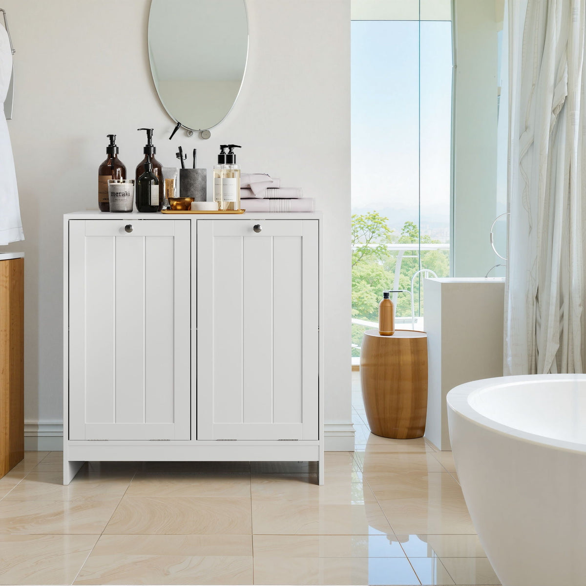 Tilted Laundry Hamper With Removable Basket, Hidden Storage Cabinet, Home Organizer For Bathroom - White