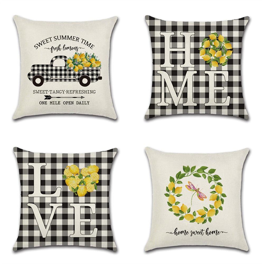 Elegant Linen Cushion Cover Black White Plaid Flower Pillow Case Throw Pillow Covers Waterproof Summer Outdoor Pillow Covers Home Summer Pillow Covers Home Decorative Pillows Cover For Sofa 45x45CM