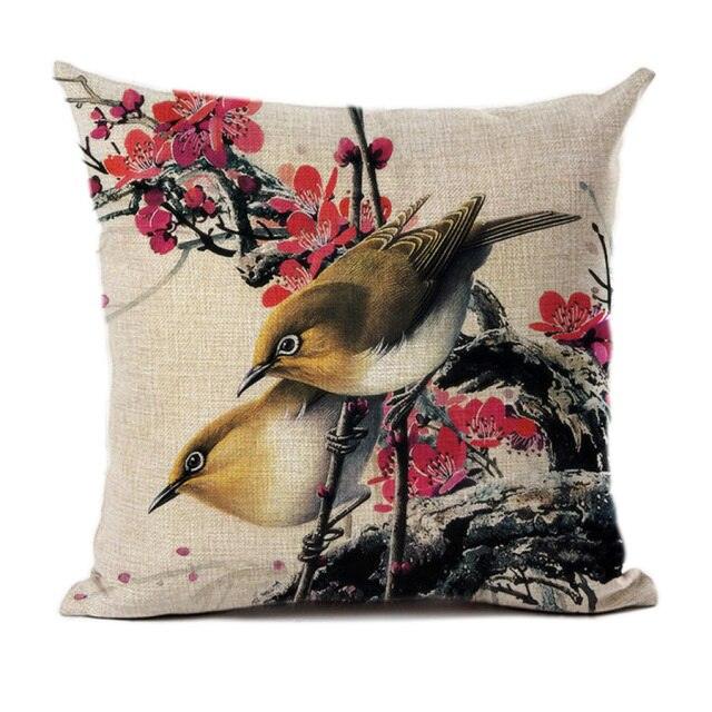 Lovely Bird Polyester Cotton Cushion Cover Bird On The Tree Accent Decorative Throw Pillow Case Hand Painted Cushion Cover Cute Bird Pillow Shells Flower Pattern Pillow Covers Decorative For Sofa Bed Living Room Luxury New Stylish Pillows 45x45cm