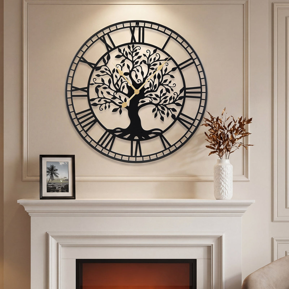 Large Wall Clock 27 Inch Tree of Life Big Metal Wall Clock-Black
